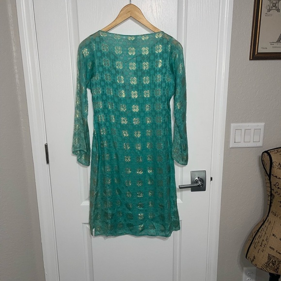 MILLY CABANA Scroll Burnout Cover-Up Mini Dress {$325} Turquoise Green Gold Sm - Picture 9 of 9